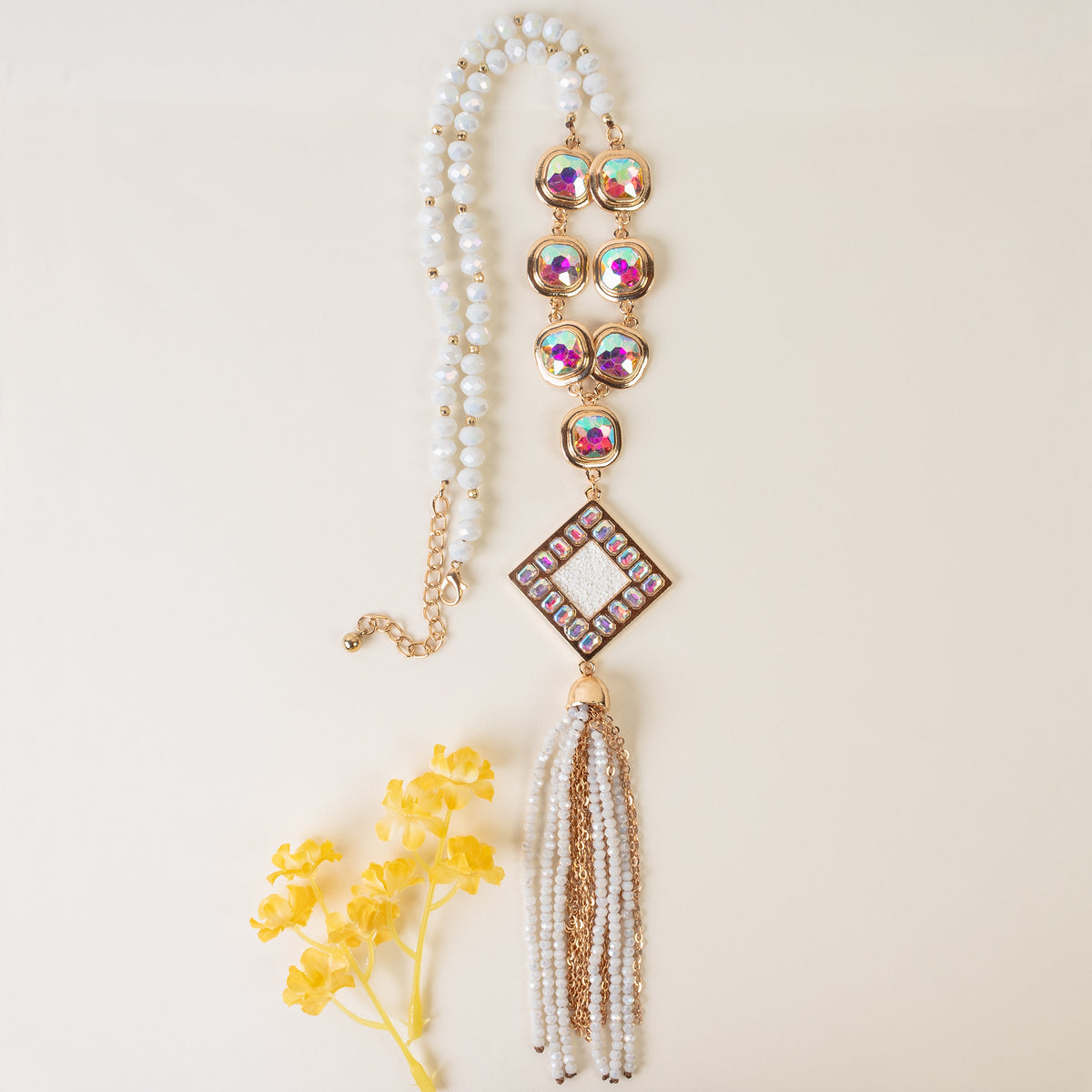 1225 - Crystal Beaded Tassel Necklace - White