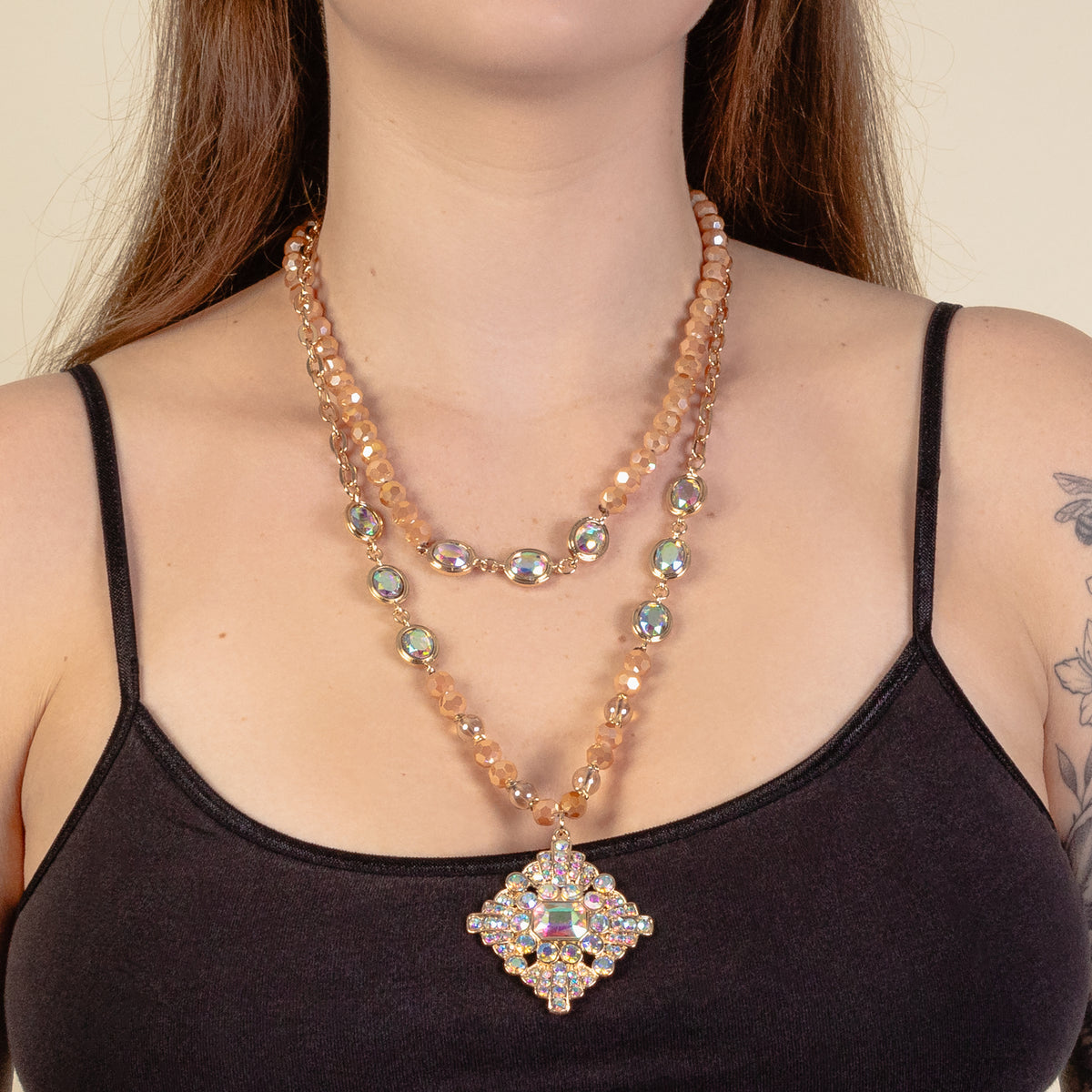 1226 - Beaded Layered Necklace - Champagne