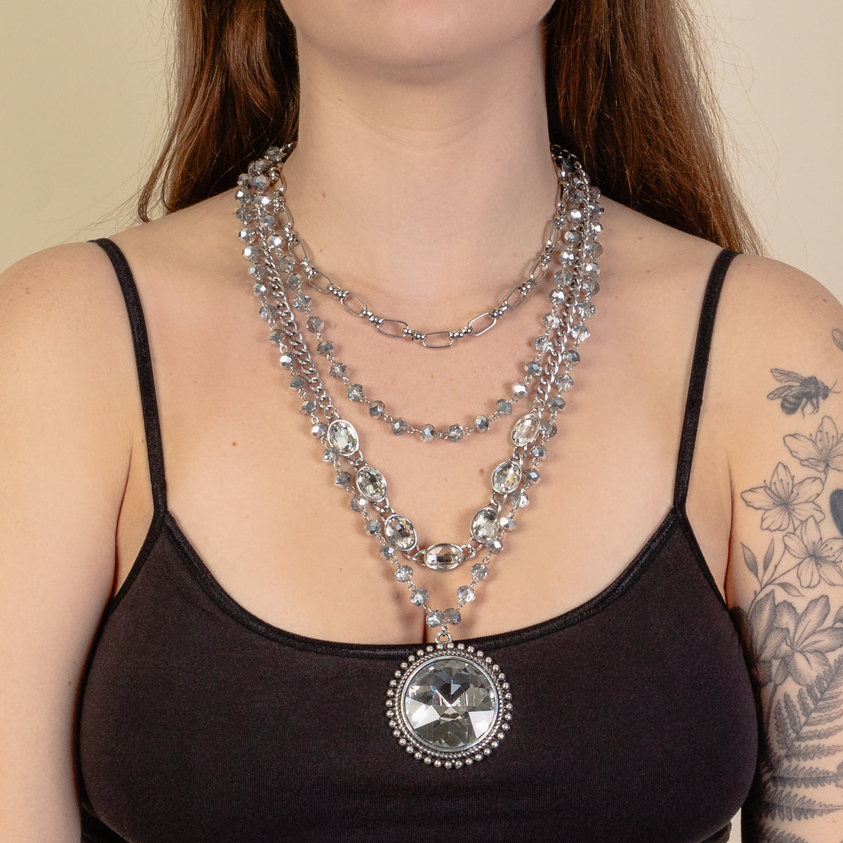 1228 - Beaded Layered Necklace - Silver
