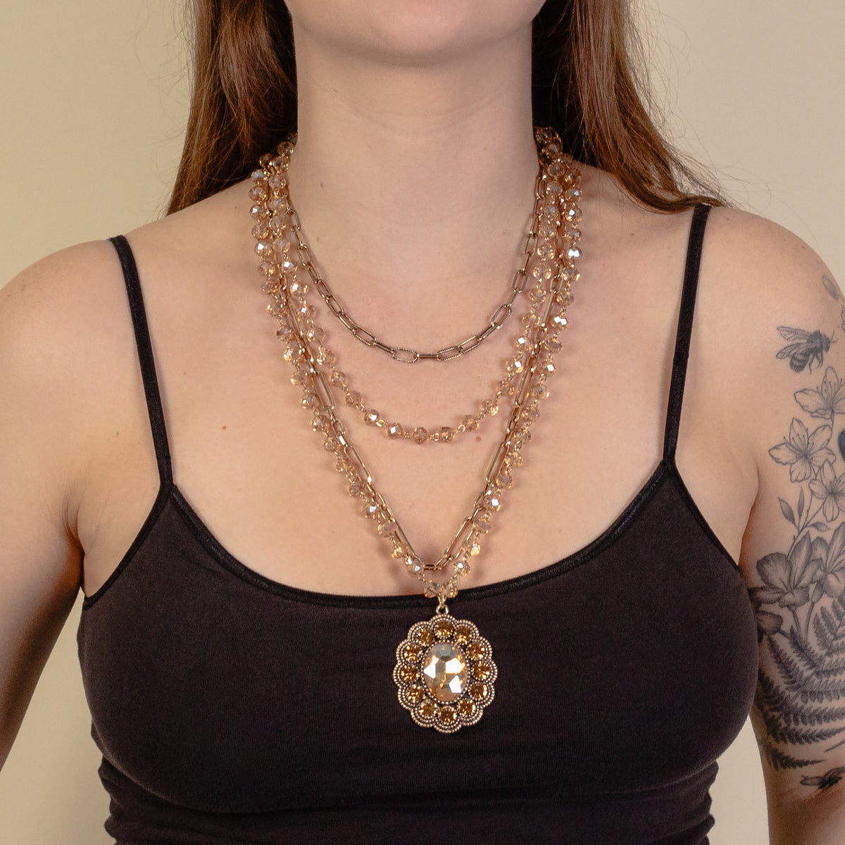 1229 - Beaded Layered Necklace - Gold