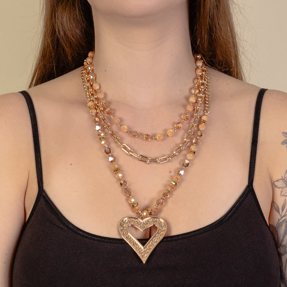 1231 - Layered Heart Necklace - Champagne