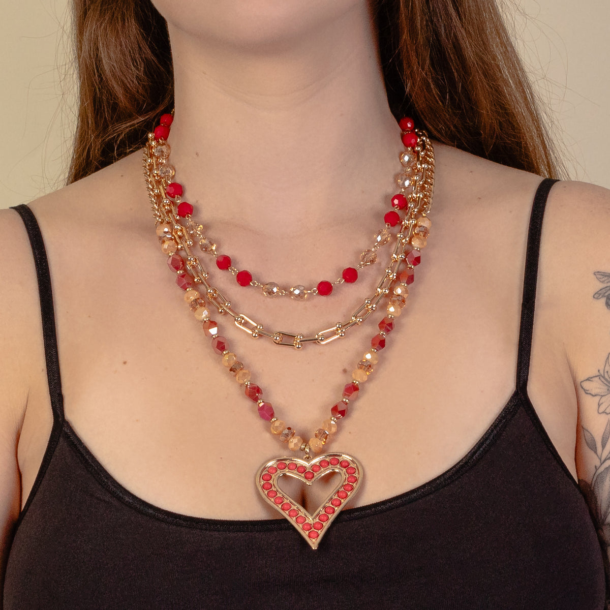 1231 - Layered Heart Necklace - Red