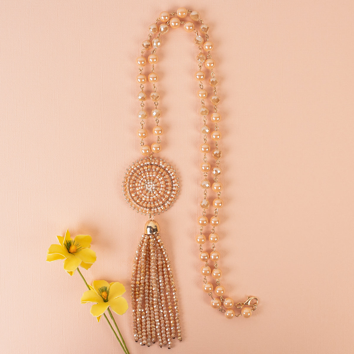 1233 - Beaded Tassel Necklace - Champagne