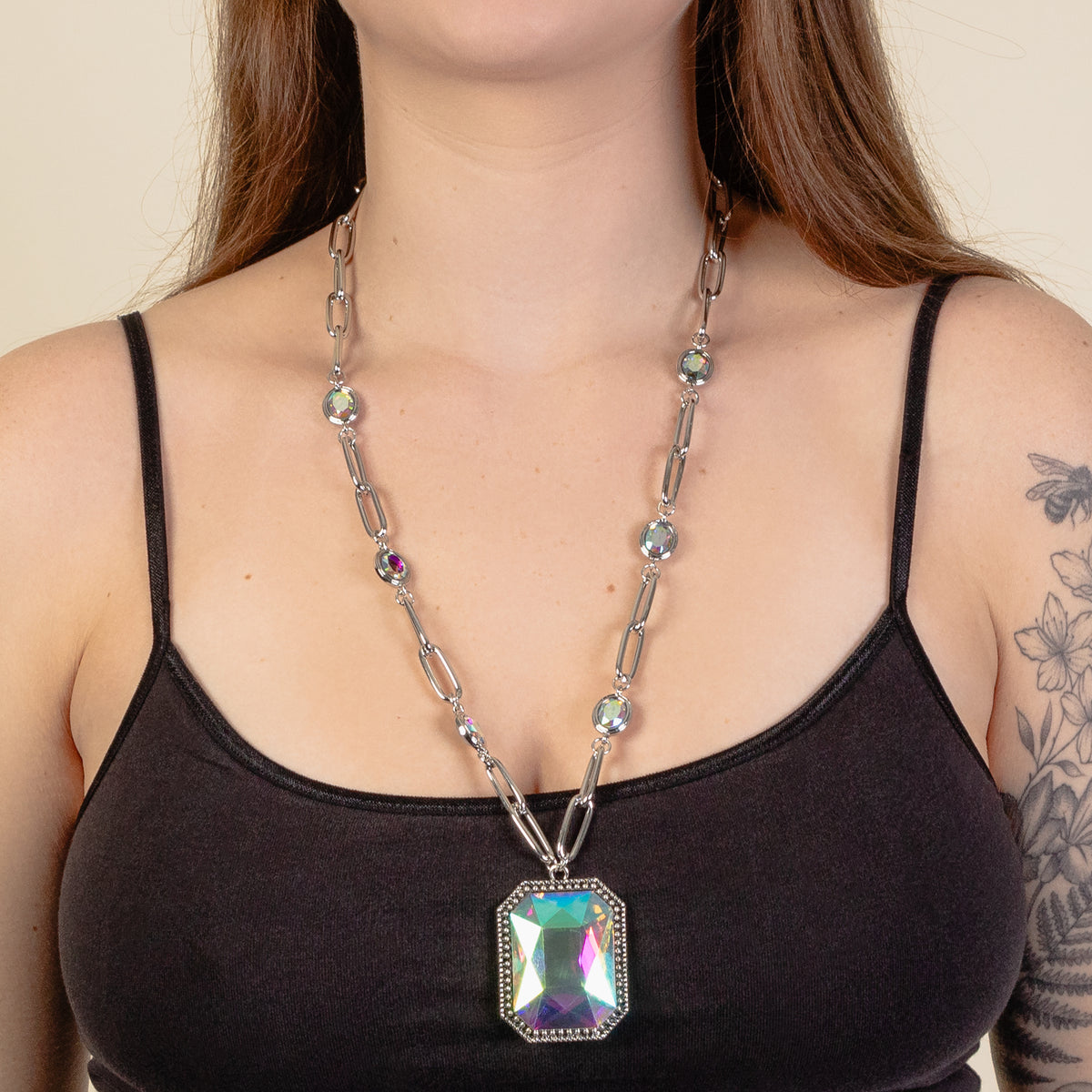 1235 - Crystal Pendant Necklace - AB & Silver