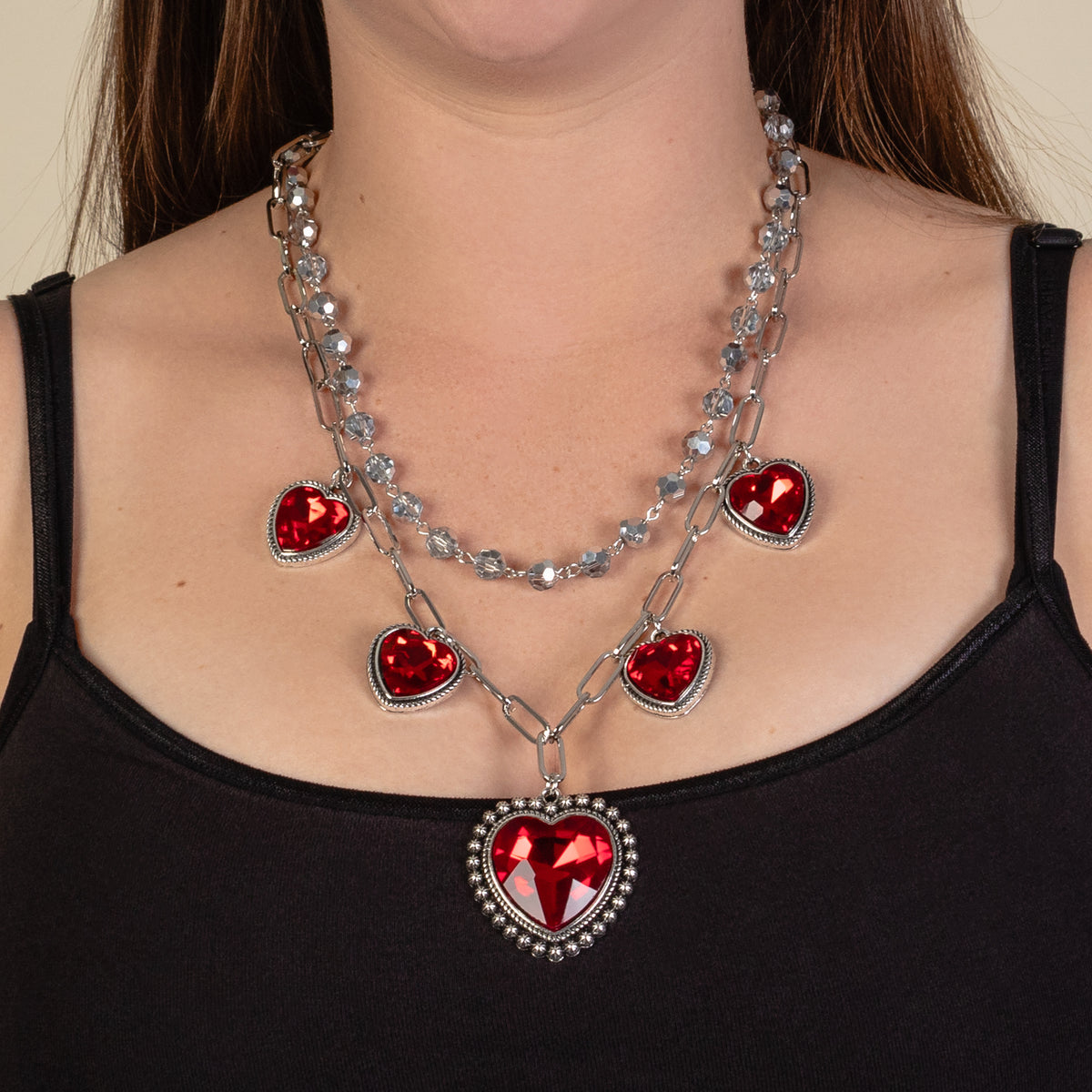 1237 - Layered Crystal Heart Necklace - Red