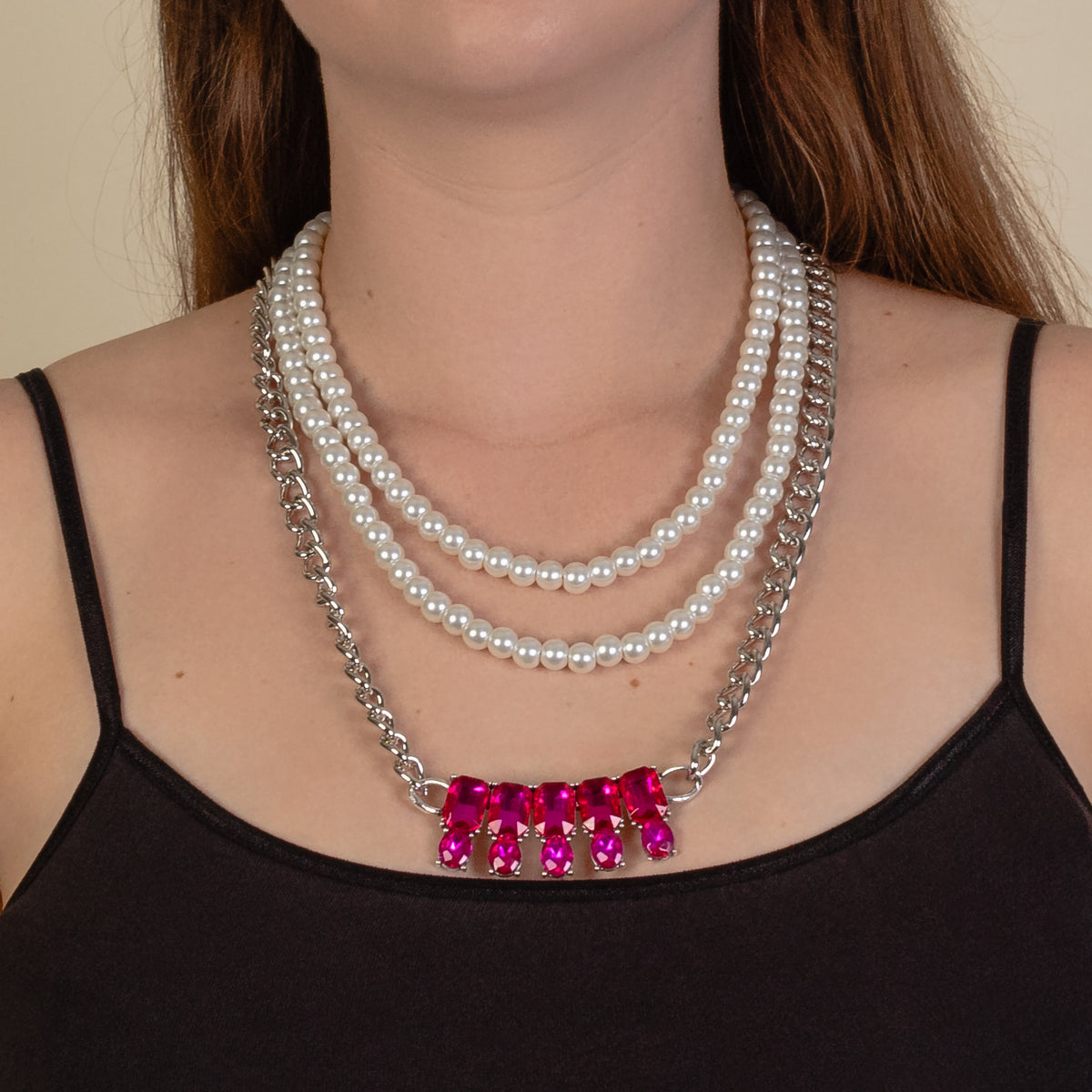 1238 - Layered Crystal Necklace - Fuchsia