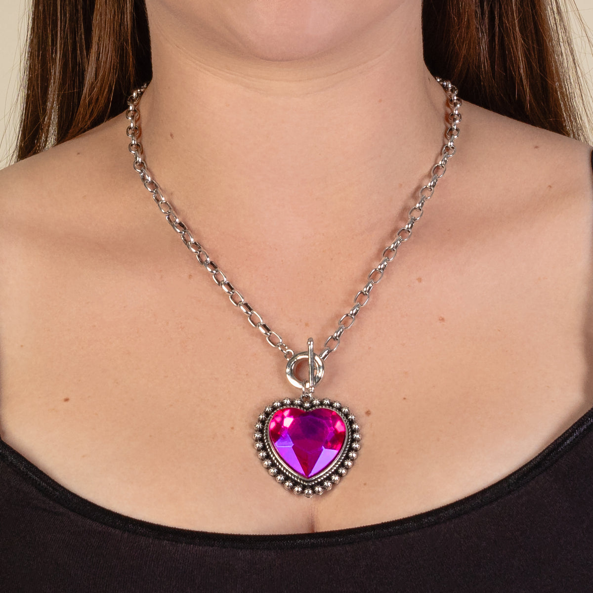 1239 - Crystal Heart Pendant Necklace - Fuchsia