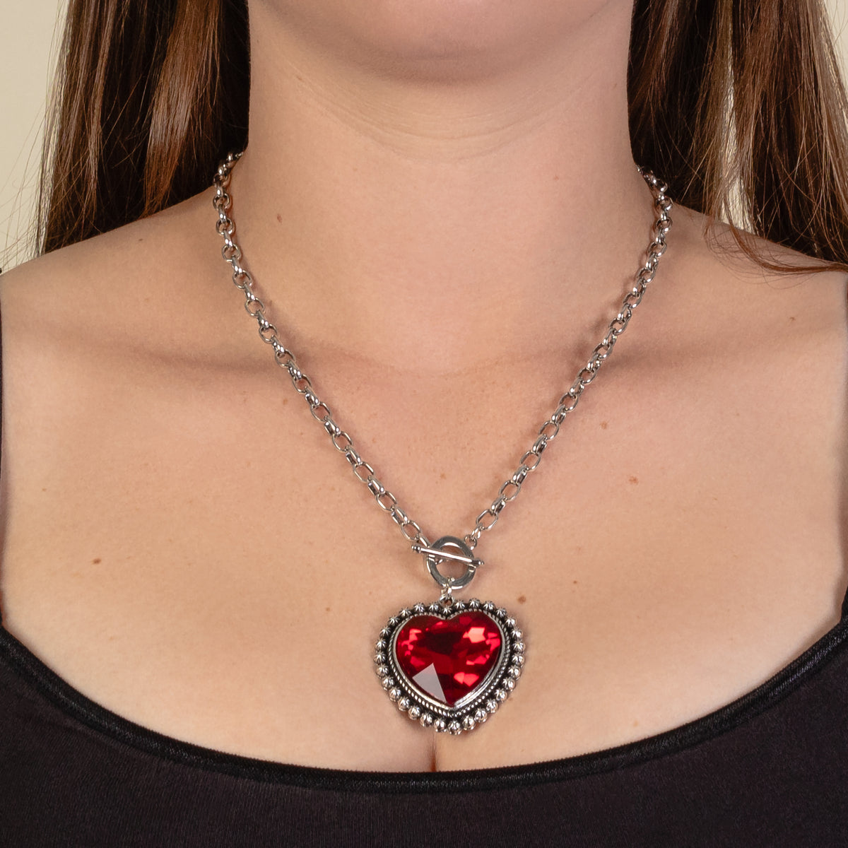 1239 - Crystal Heart Pendant Necklace - Red