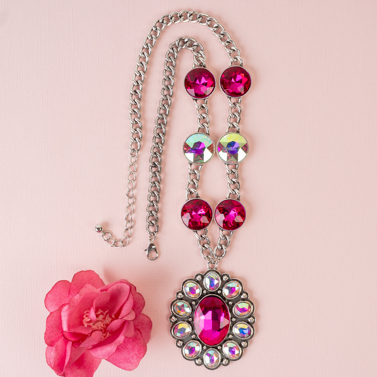 1244 - Crystal Pendant Necklace - Fuchsia