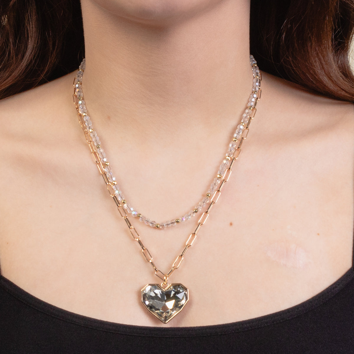 1267 - Layered Crystal Heart Necklace - Clear