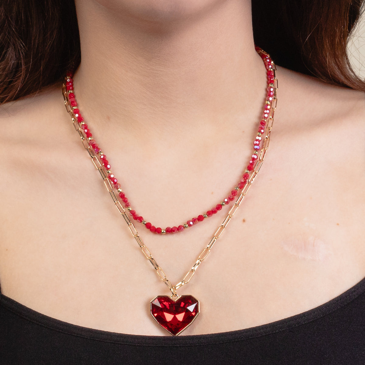 1267 - Layered Crystal Heart Necklace - Red