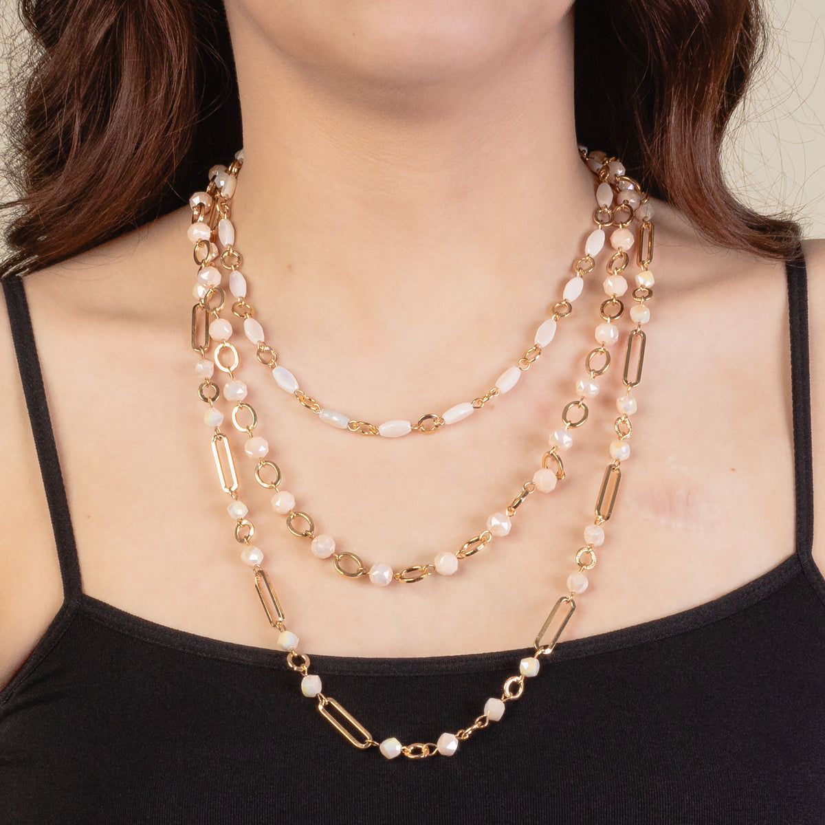 1288 - Layered Beaded Necklace - Beige