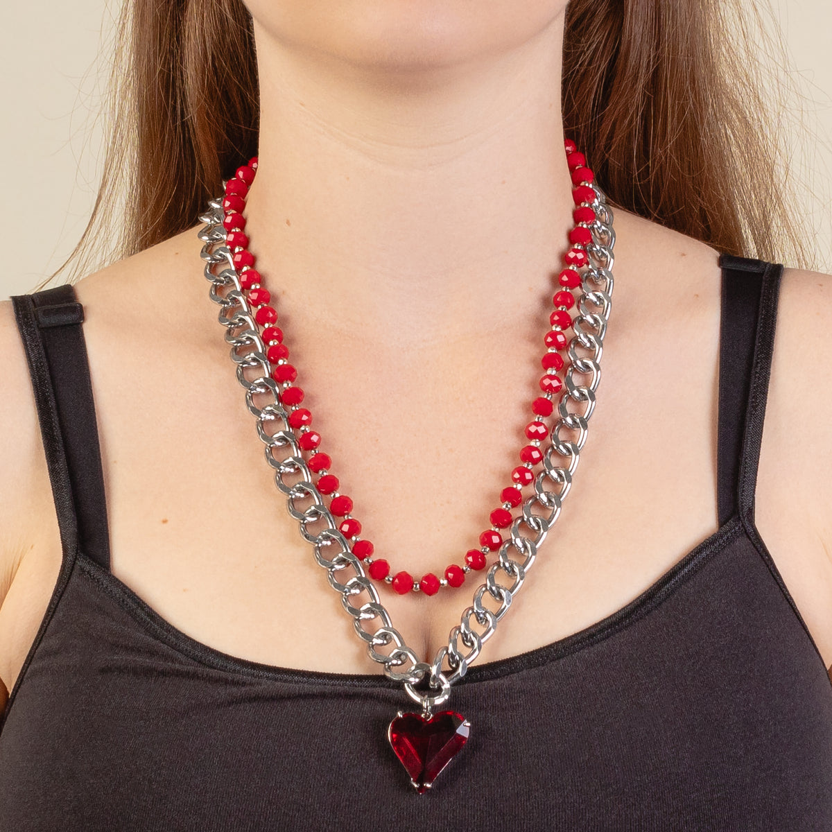 1290 - Layered Crystal Heart Necklace - Red