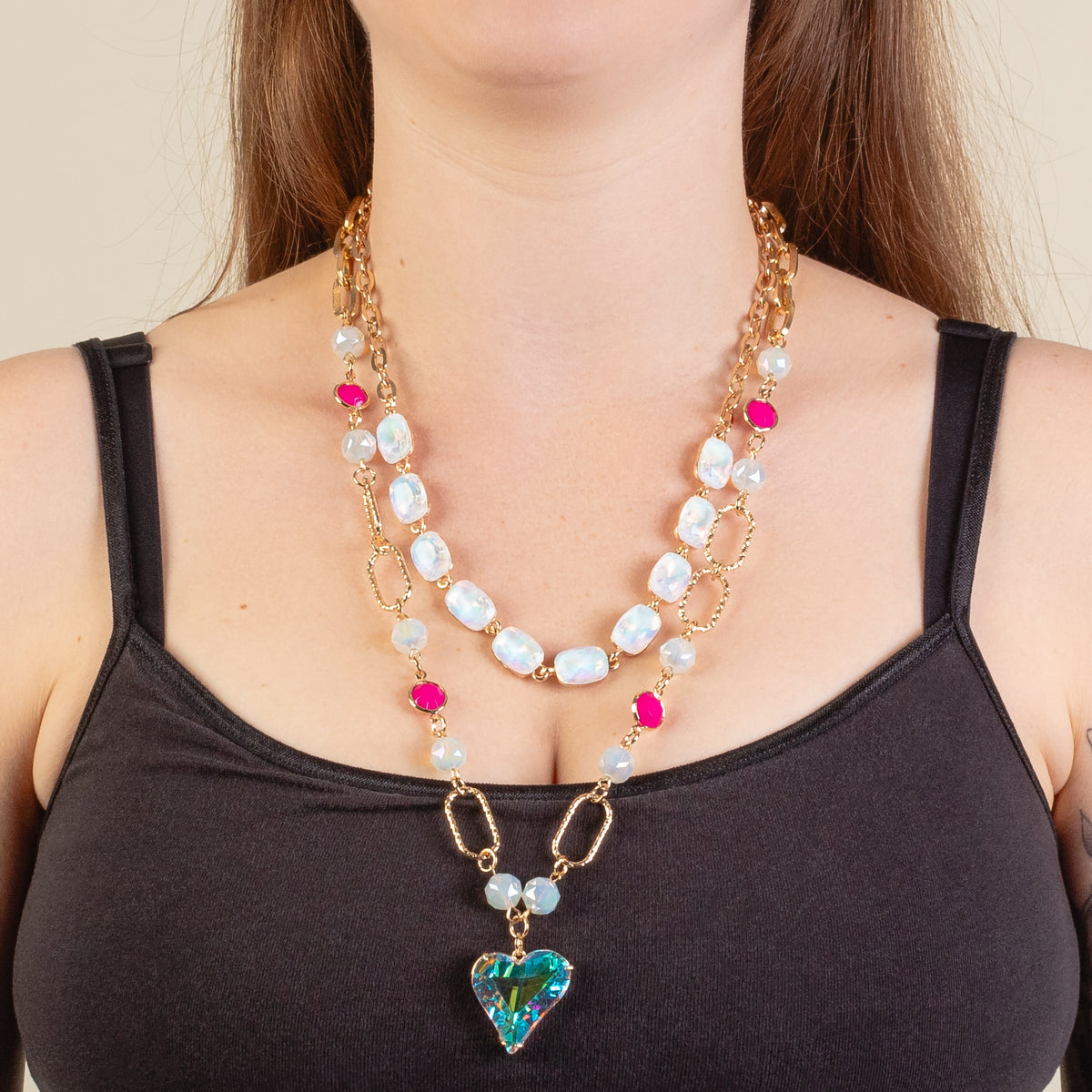 1296 - Layered Crystal Heart Necklace - White