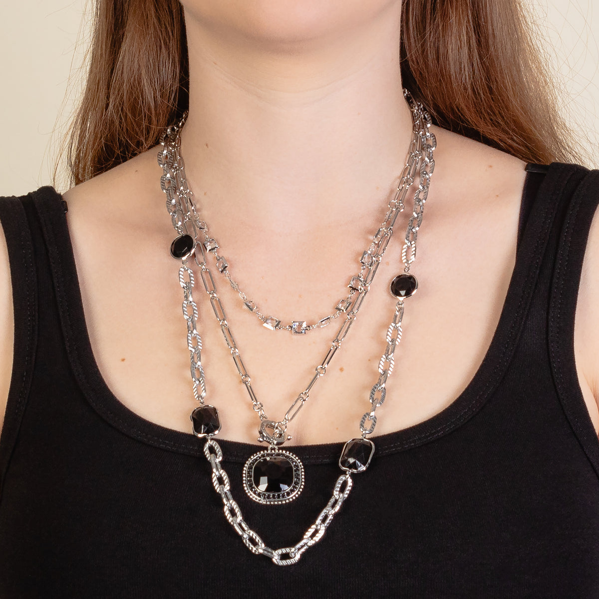 1297 - Layered Crystal Necklace - Black