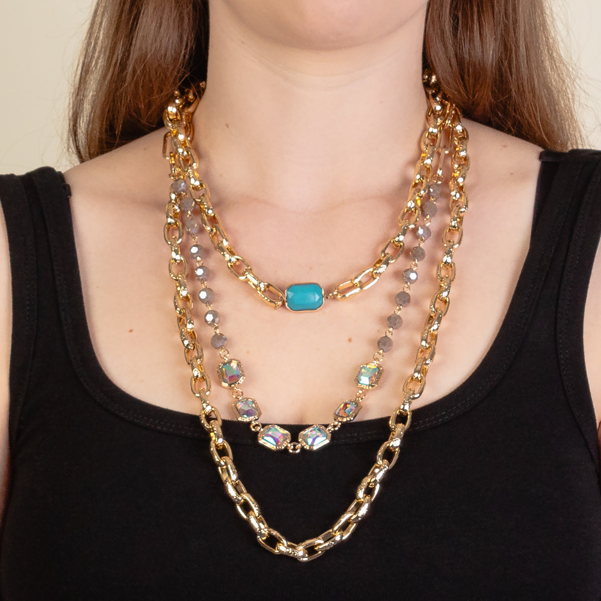 1298 - Layered Crystal Necklace - Gold