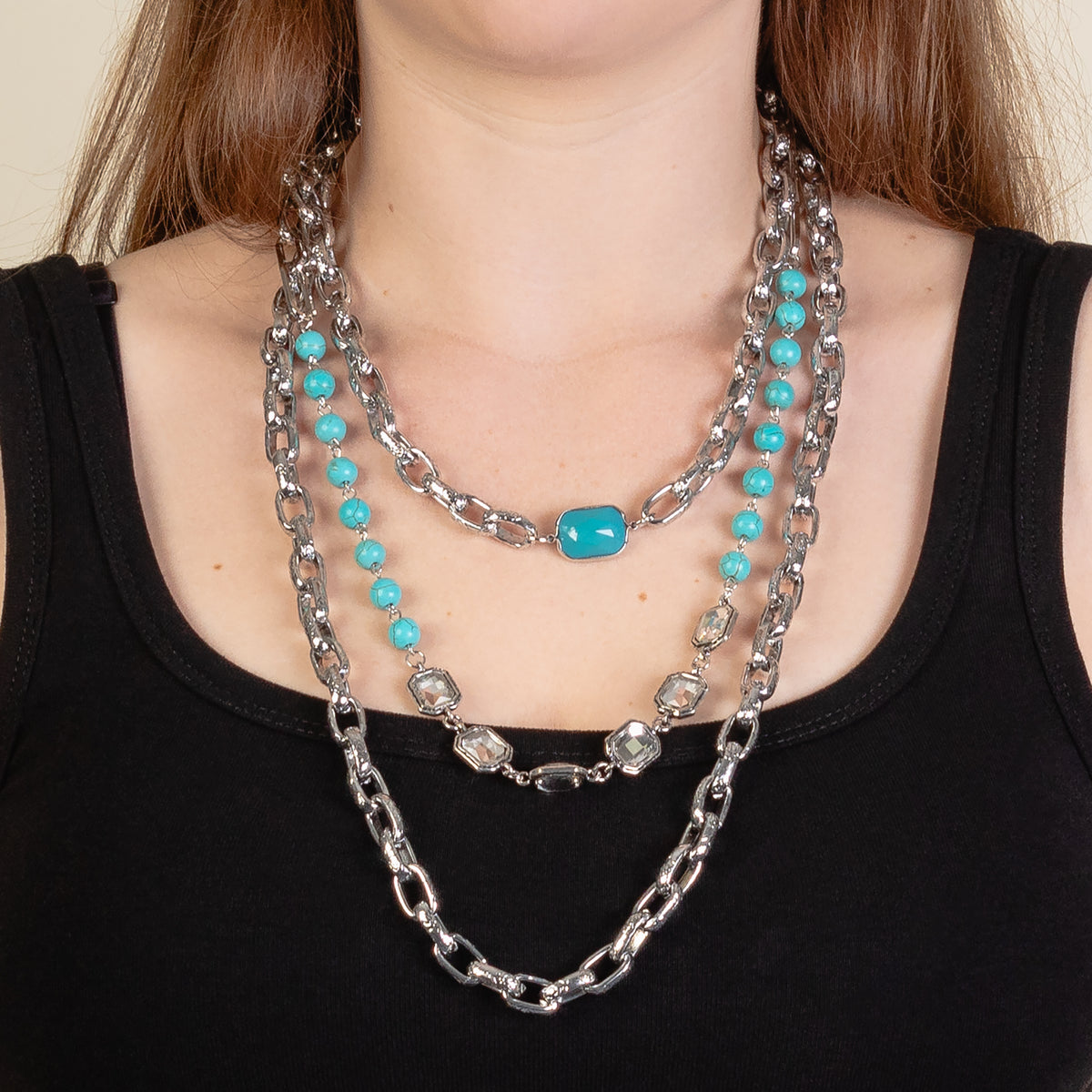 1298 - Layered Crystal Necklace - Silver
