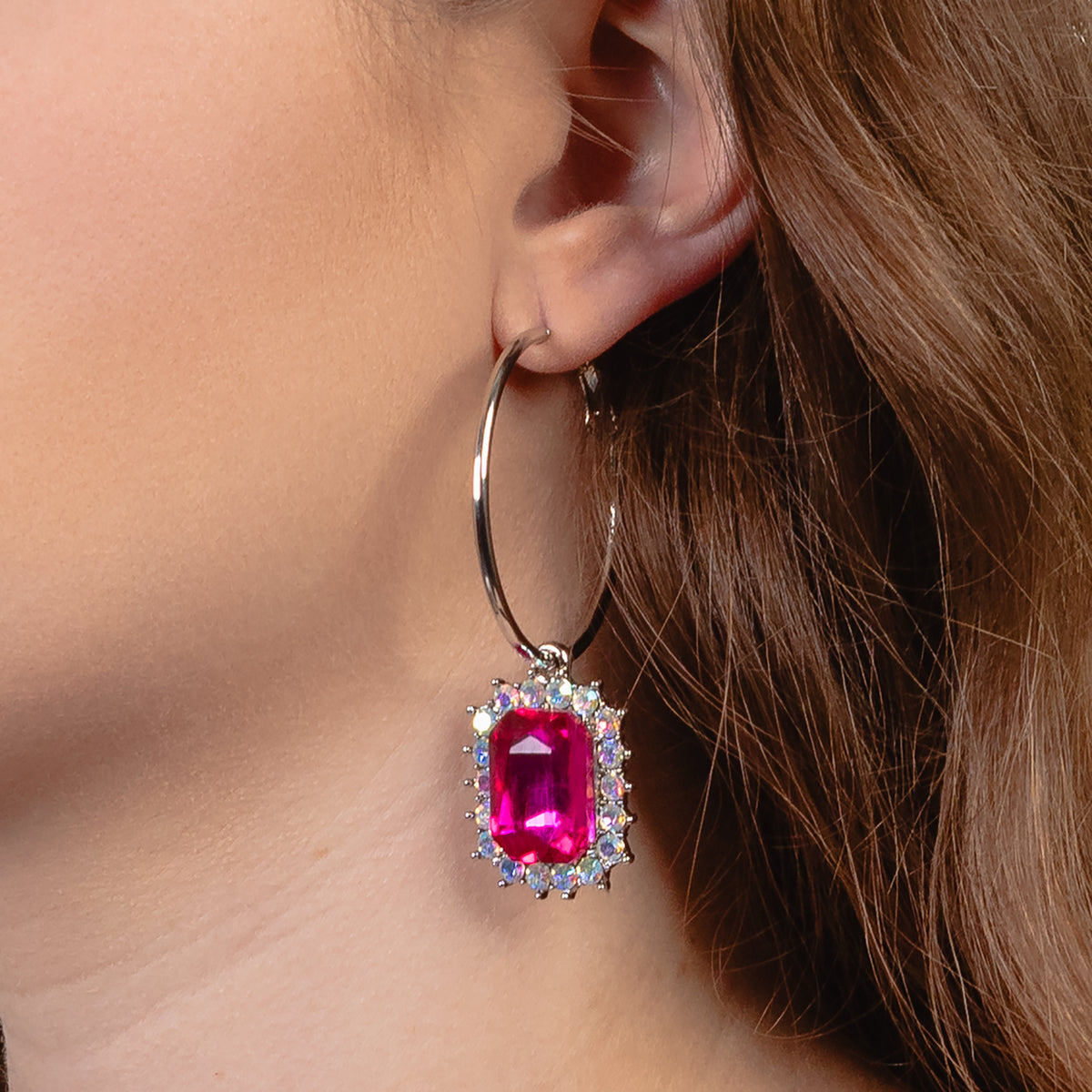 13024 - Crystal Hoop Earrings - Fuchsia