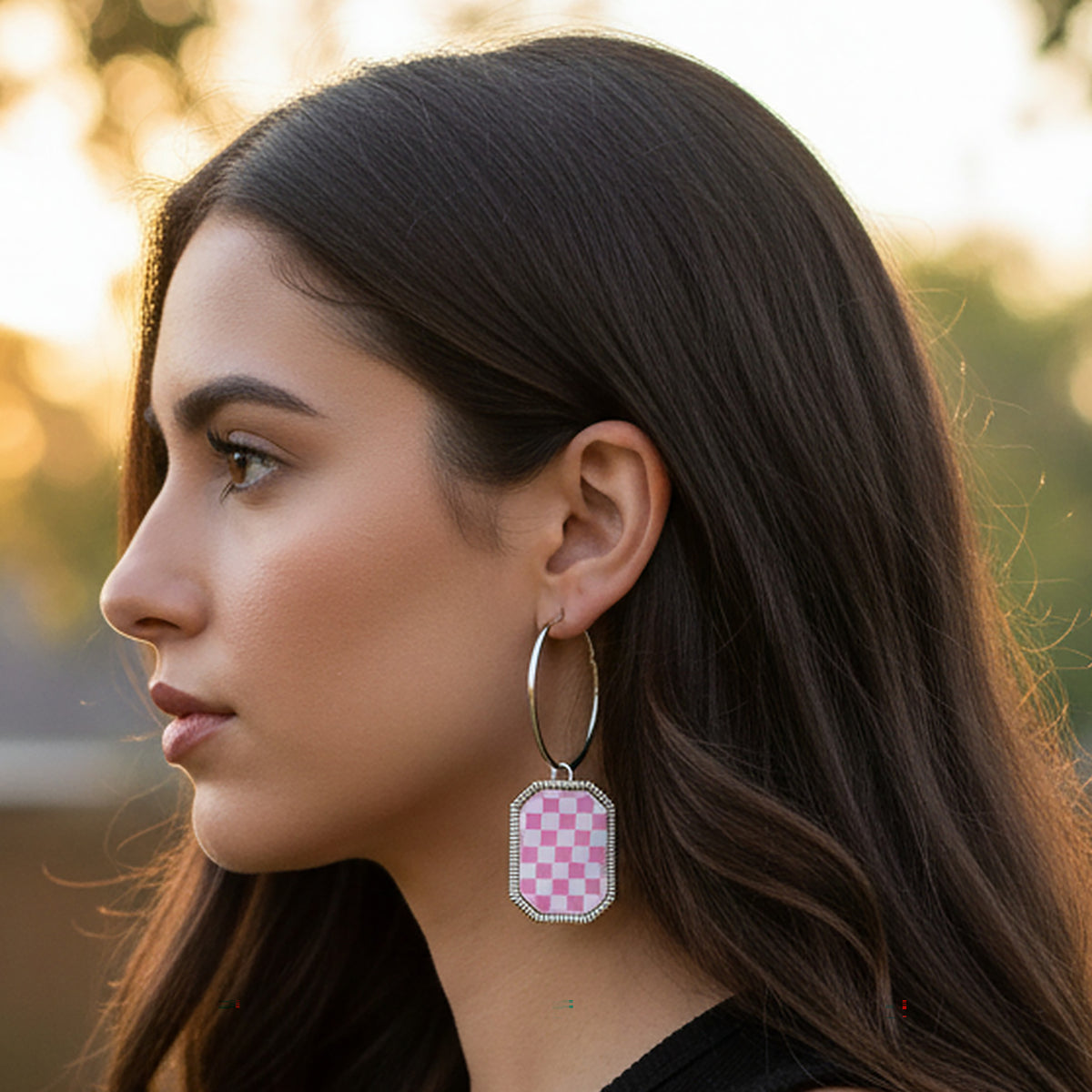 13035 - Checkered Hoop Earrings - Pink & White