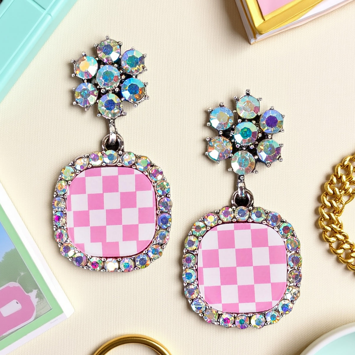 13039 - Checkered Earrings - Pink & White