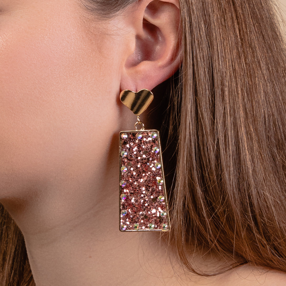 1309 - Rectangle Glitter Earrings - Rose Gold