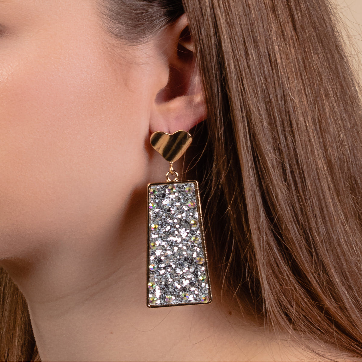 1309 - Rectangle Glitter Earrings - Silver