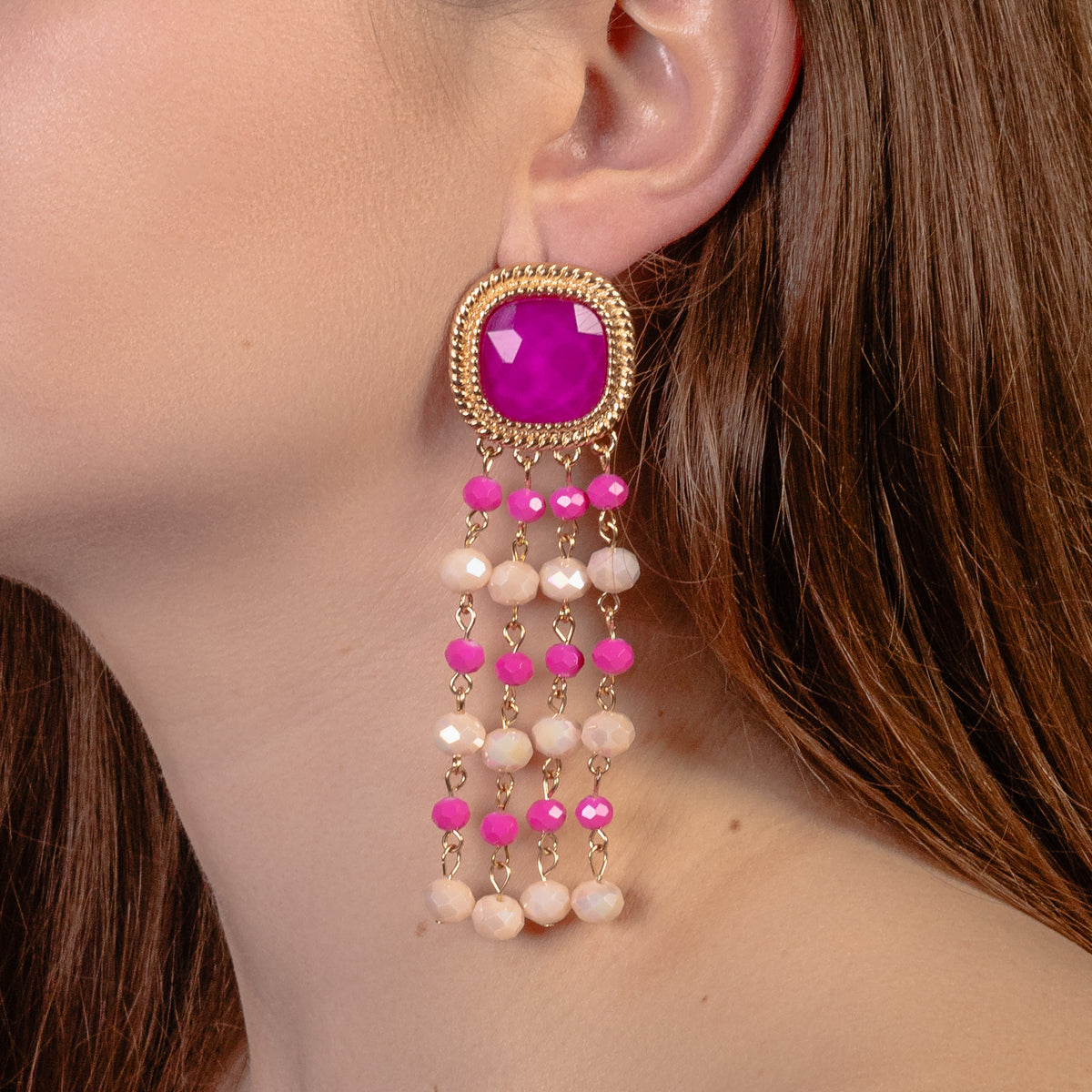 1310 - Beaded Tassel Earrings - Fuchsia