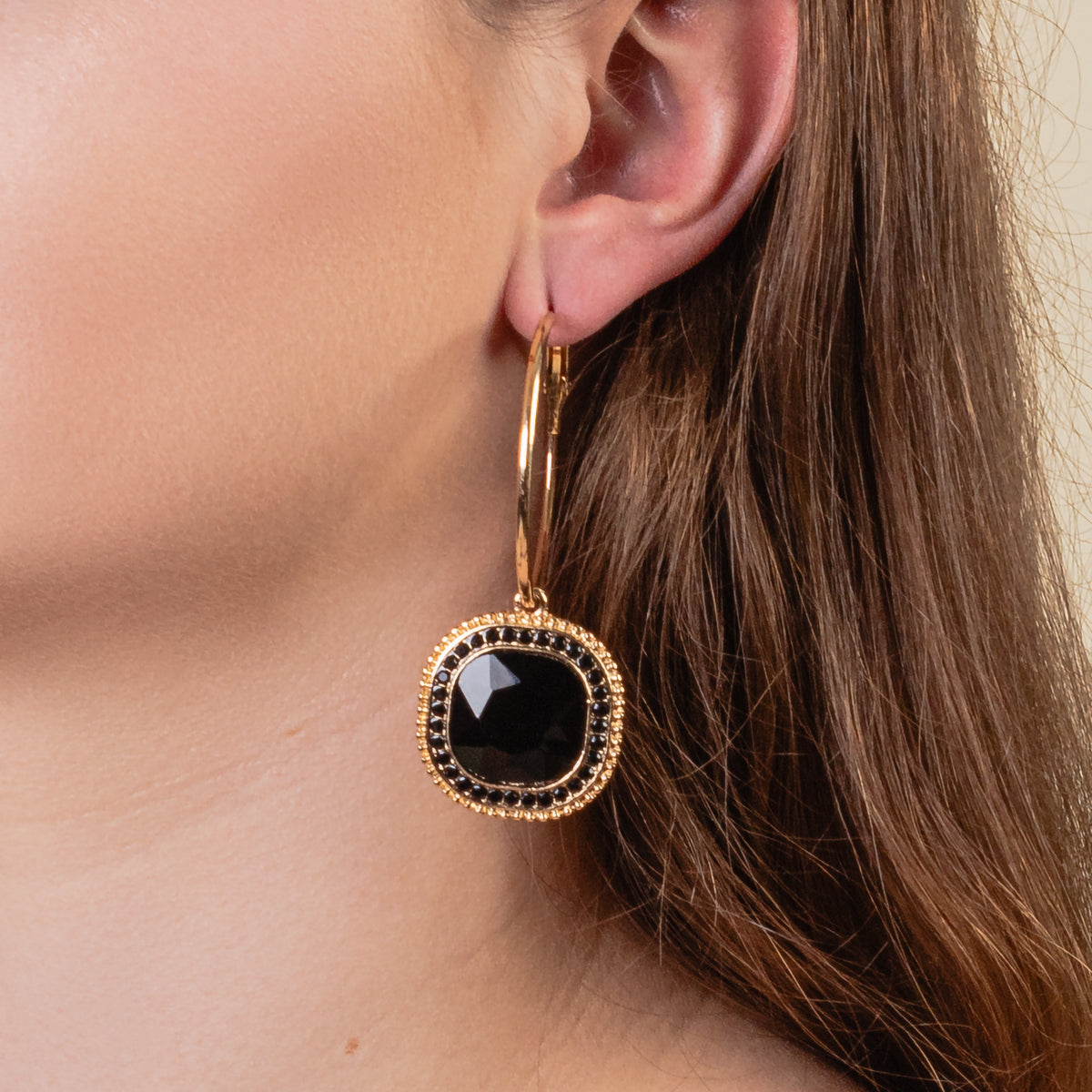 1312 - Rhinestone Hoop Earrings - Black