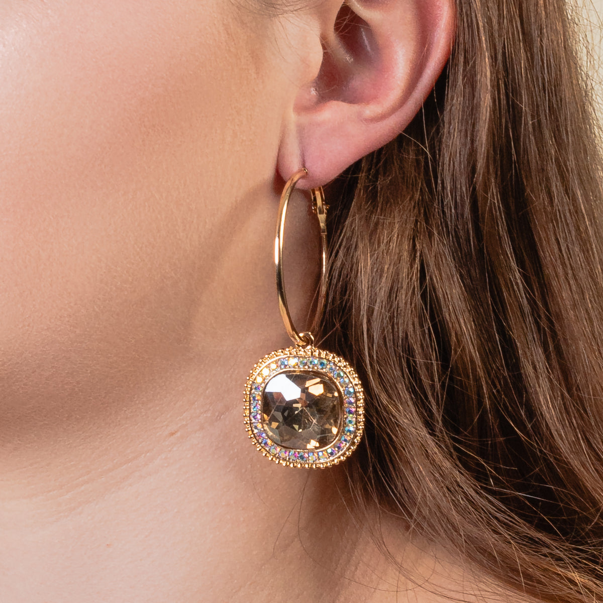 1312 - Rhinestone Hoop Earrings - Gold