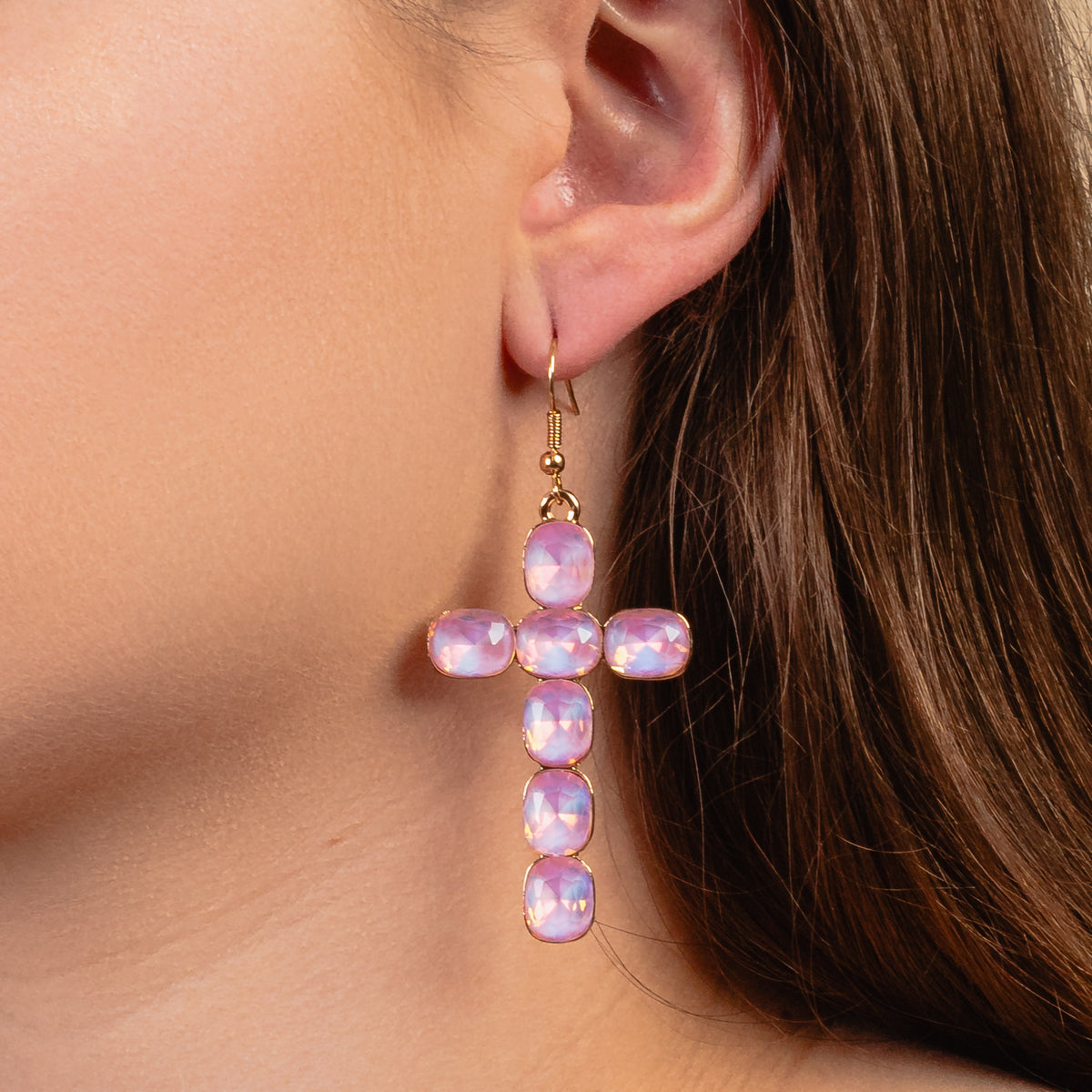 1314 - Crystal Cross Earrings - Pink