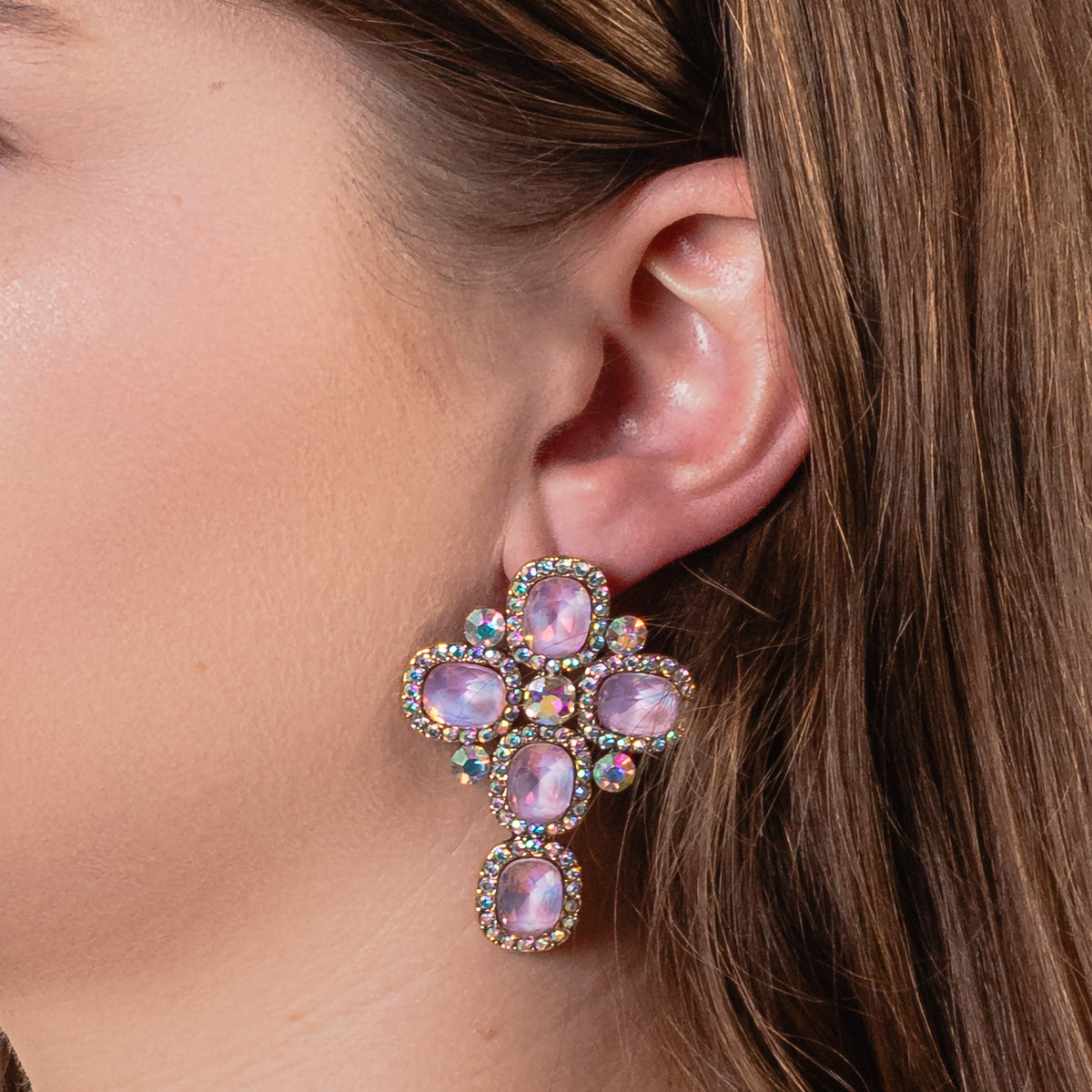 1315 - Crystal Cross Earrings - Pink