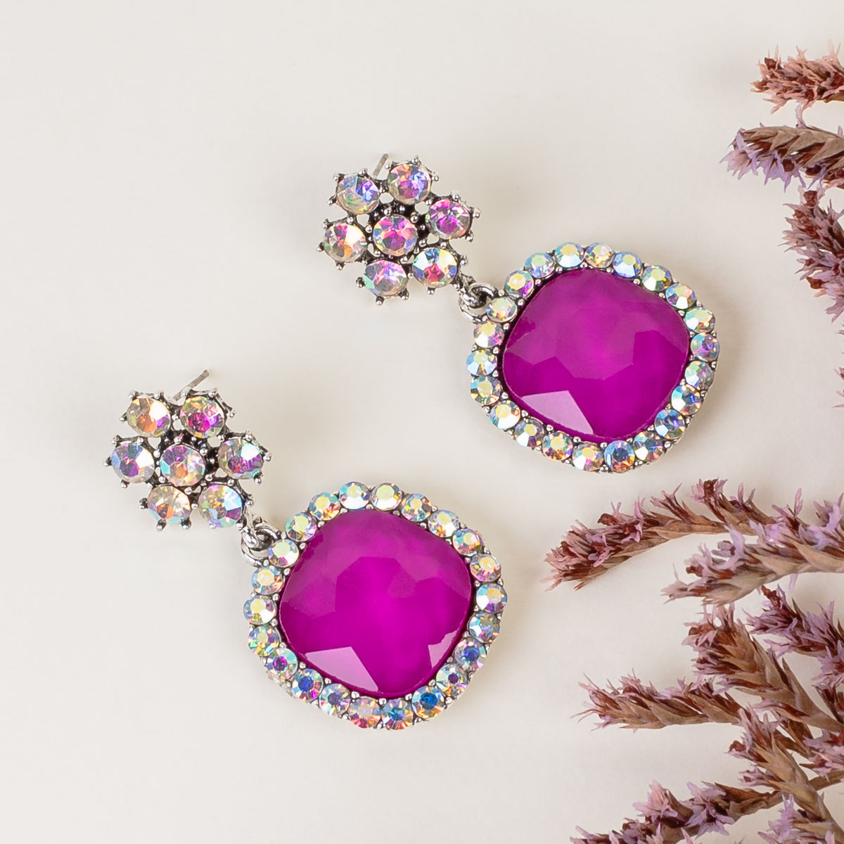 1319 - Rhinestone Earrings - Fuchsia