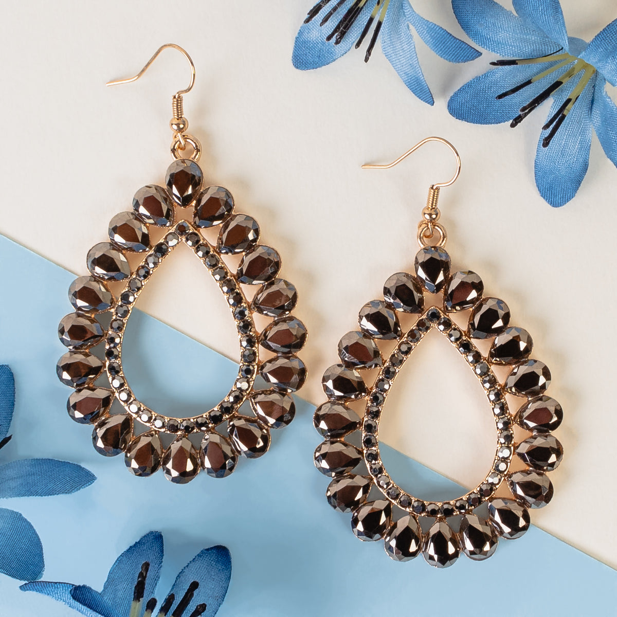 1322 - Crystal Teardrop Earrings - Black Diamond & Gold