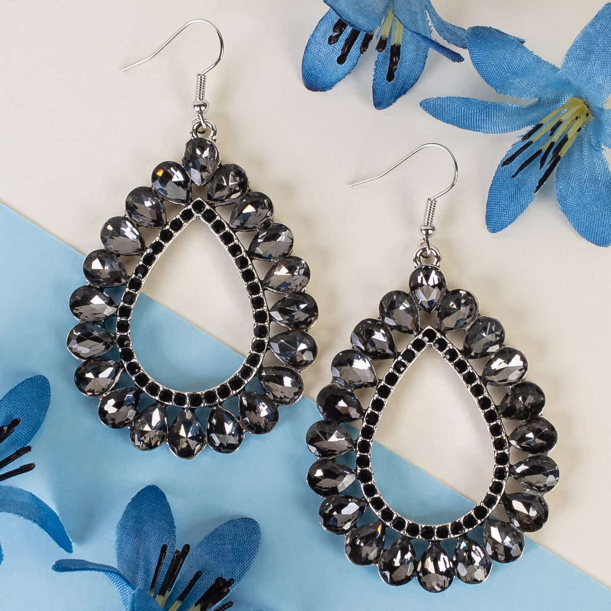 1322 - Crystal Teardrop Earrings - Black Diamond