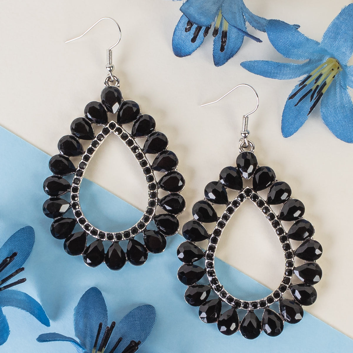 1322 - Crystal Teardrop Earrings - Black