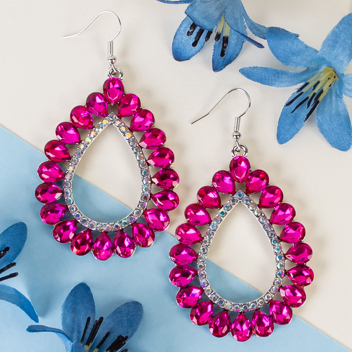 1322 - Crystal Teardrop Earrings - Fuchsia