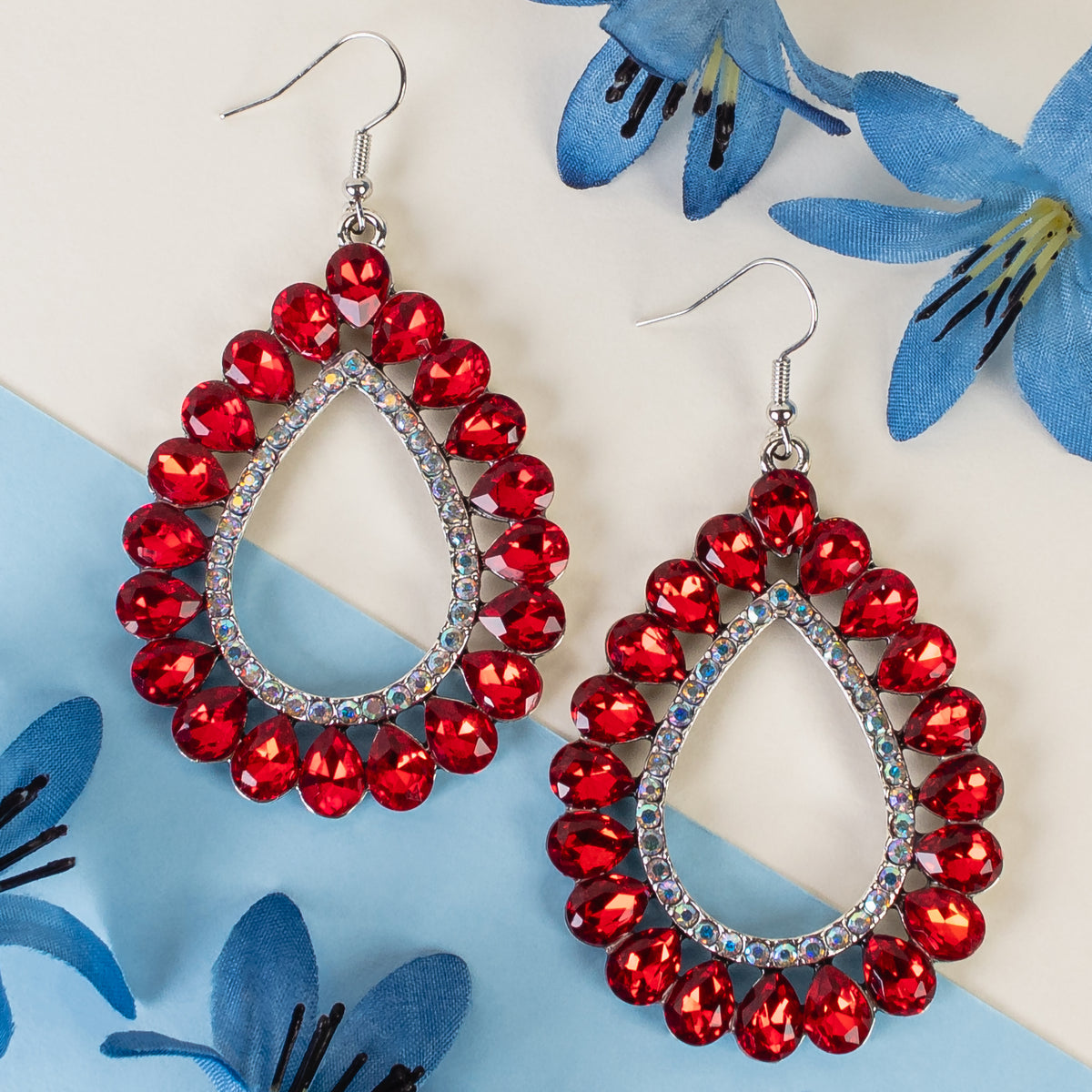 1322 - Crystal Teardrop Earrings - Red