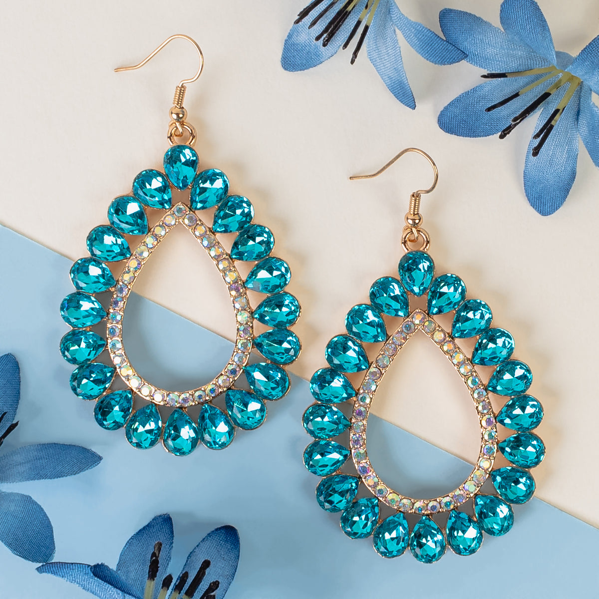 1322 - Crystal Teardrop Earrings - Turquoise & Gold