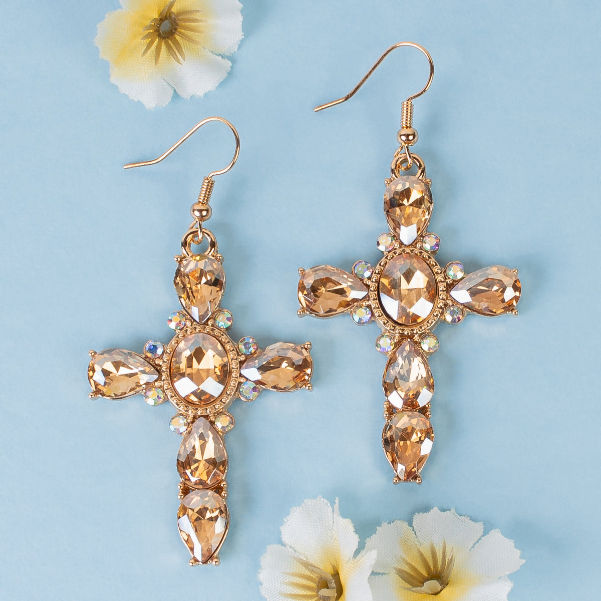 1326 - Rhinestone Cross Earrings - Gold
