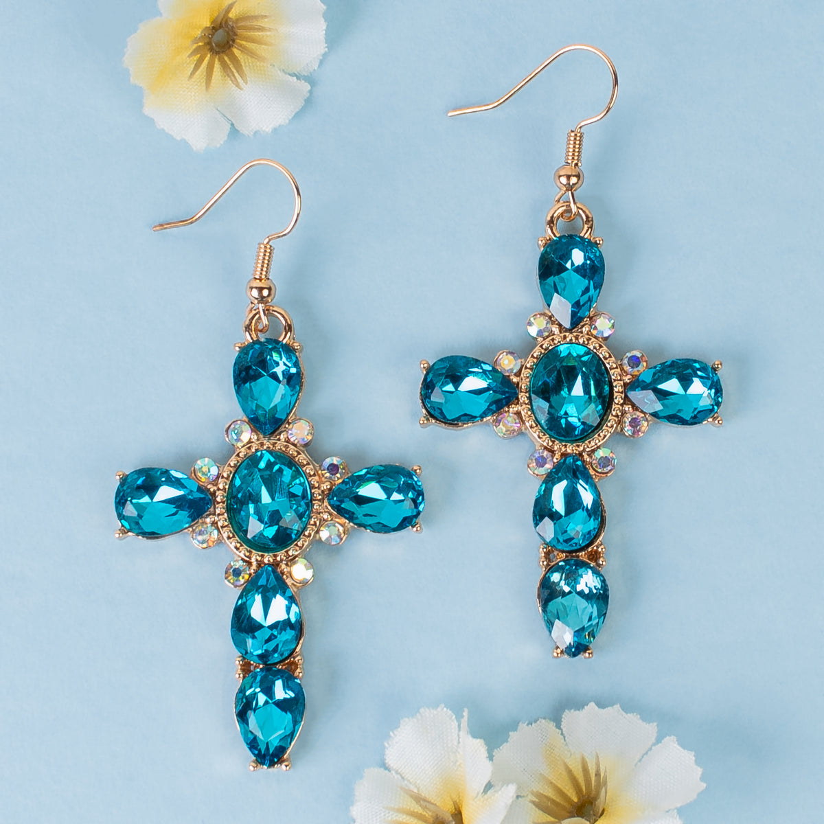 1326 - Rhinestone Cross Earrings - Turquoise