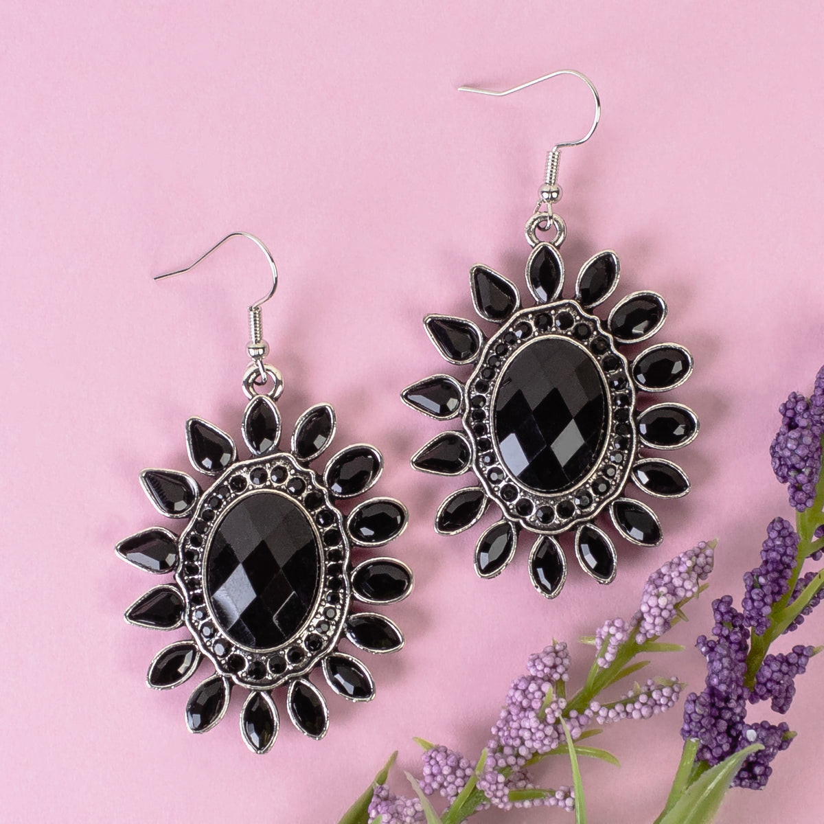 1327 - Crystal Flower Earrings - Black