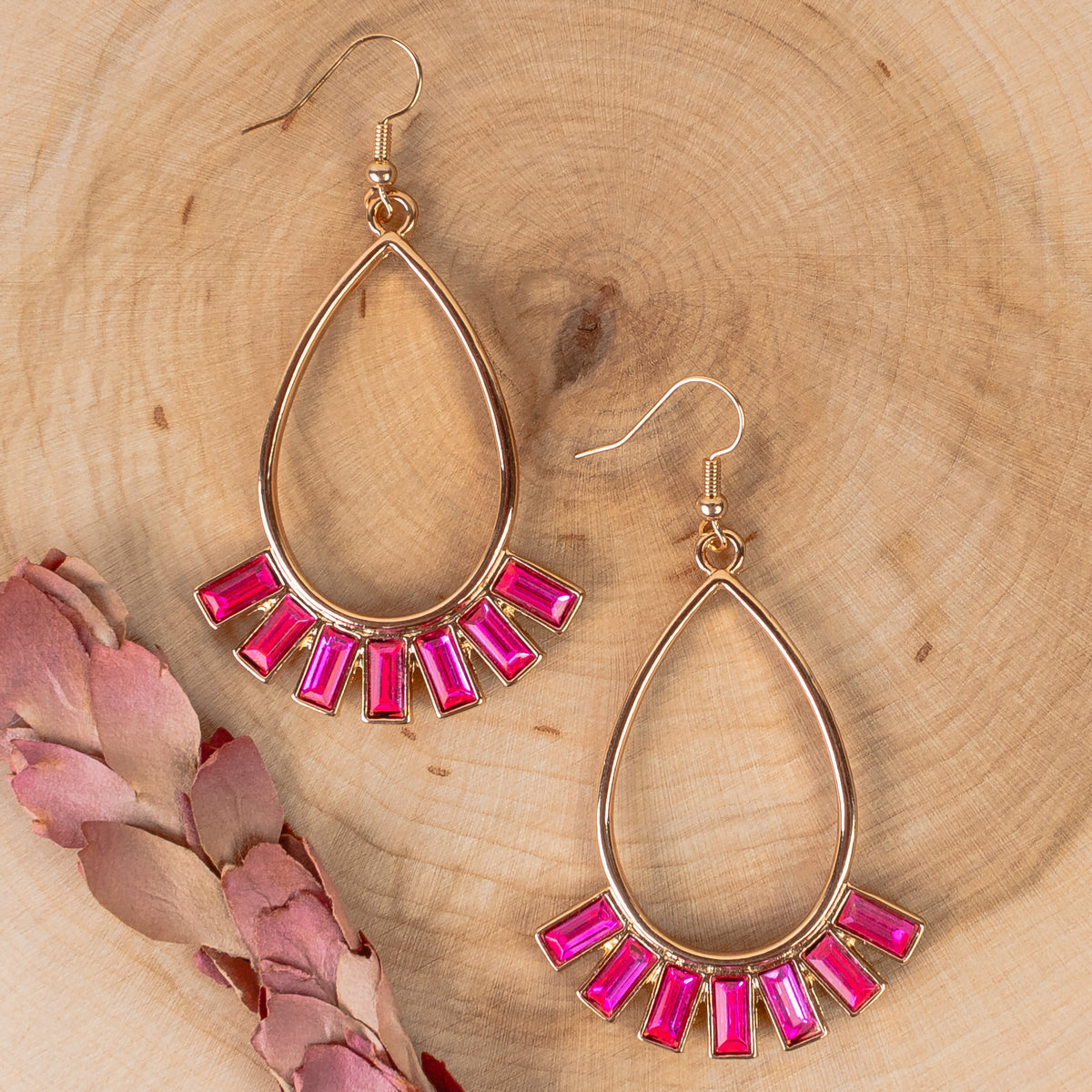 1329 - Rhinestone Hoop Earrings - Fuchsia