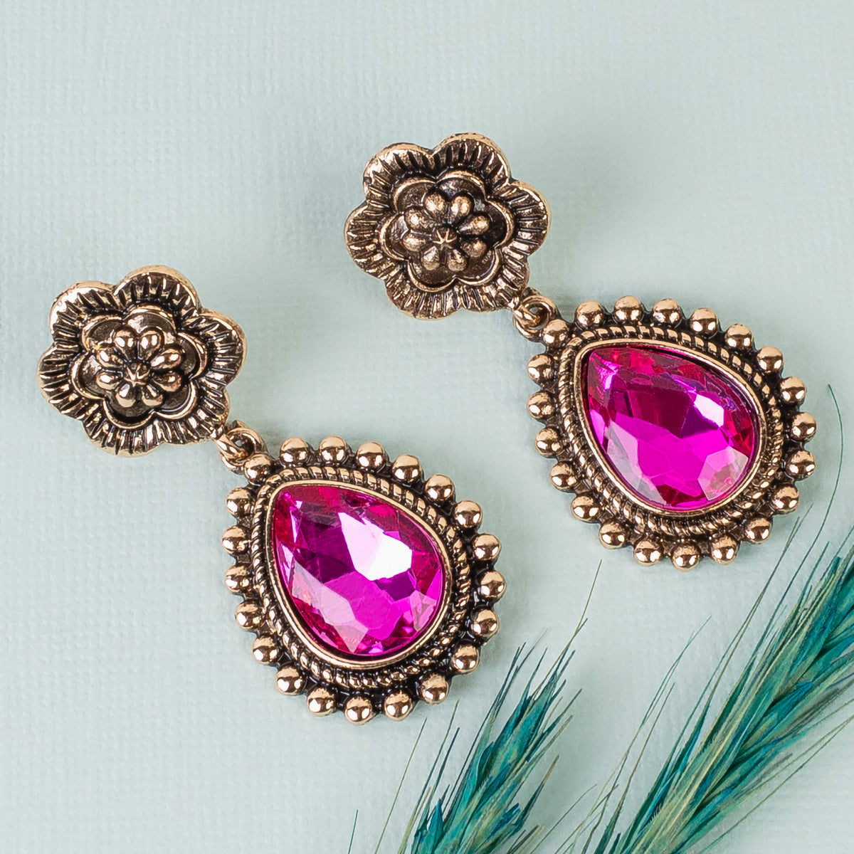1340 - Crystal Squash Blossom Earrings - Fuchsia