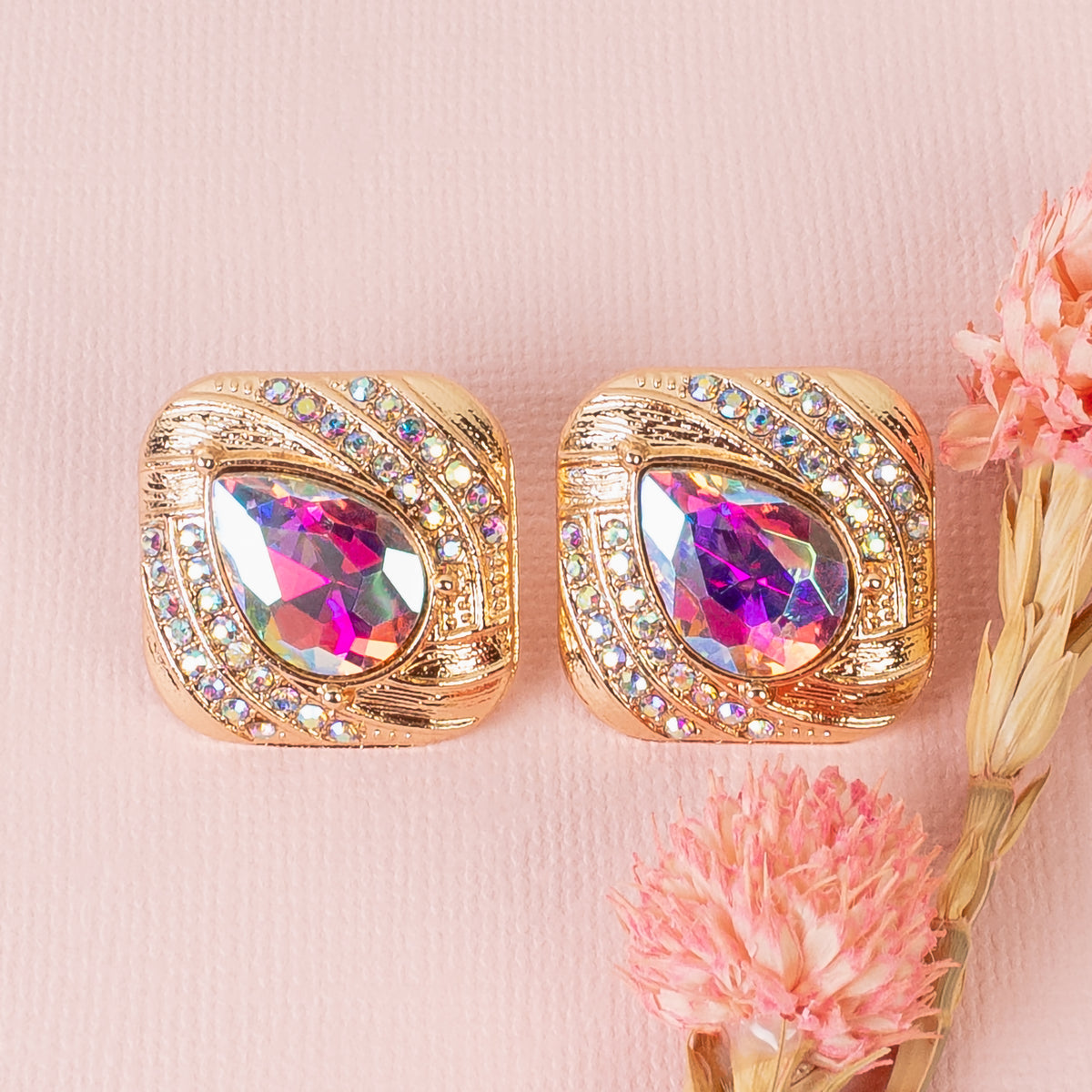 1342 - Rhinestone Earrings - AB & Gold