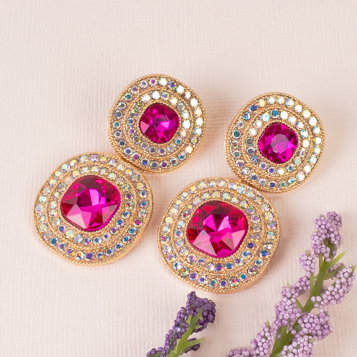 1343 - Rhinestone Earrings - Fuchsia