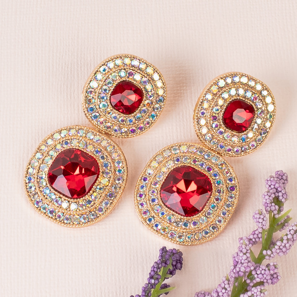 1343 - Rhinestone Earrings - Red