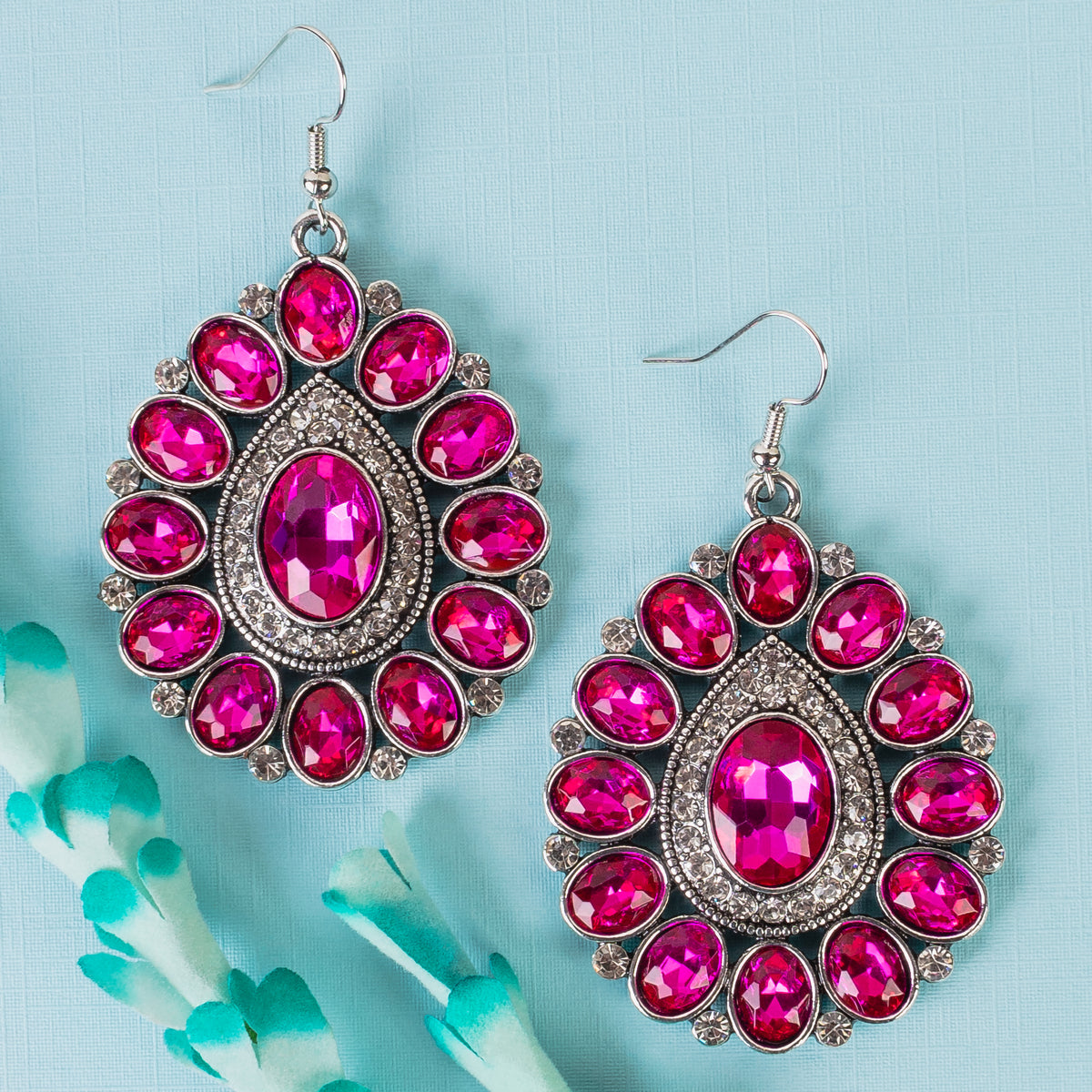1354 - Rhinestone Earrings - Fuchsia