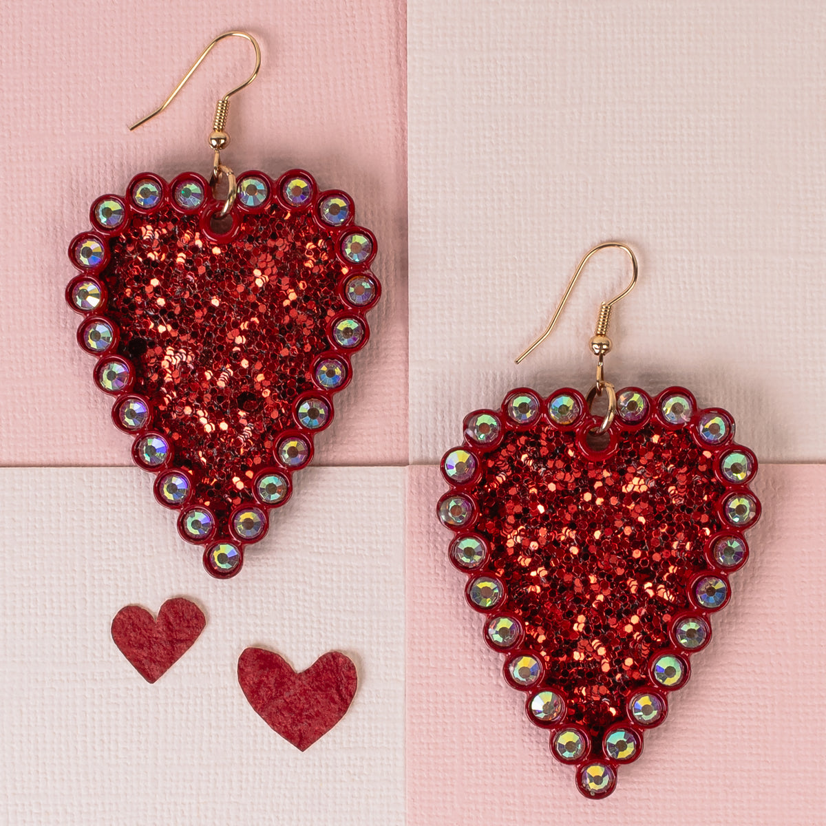 1355 - Glitter Heart Earrings - Red