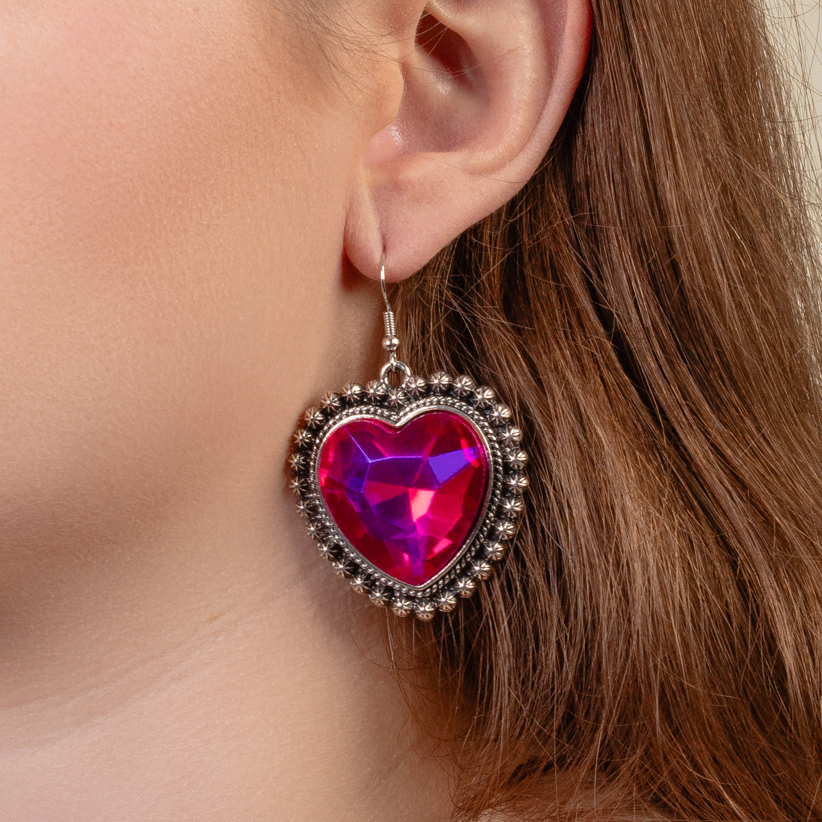 1361 - Crystal Heart Earrings - Fuchsia