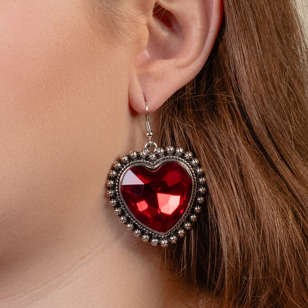 1361 - Crystal Heart Earrings - Red